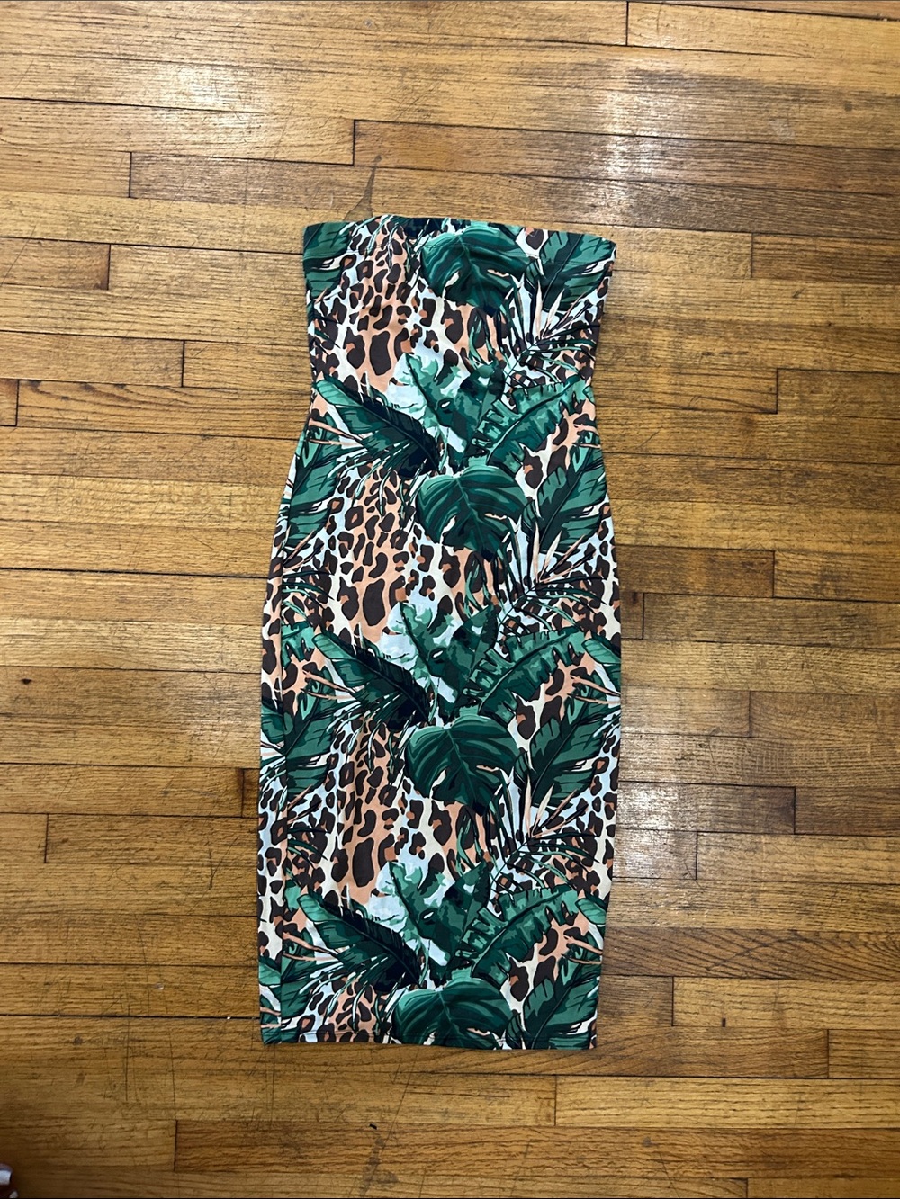 Strapless Tropical Leaf & Leopard Print Bodycon Dress - Green